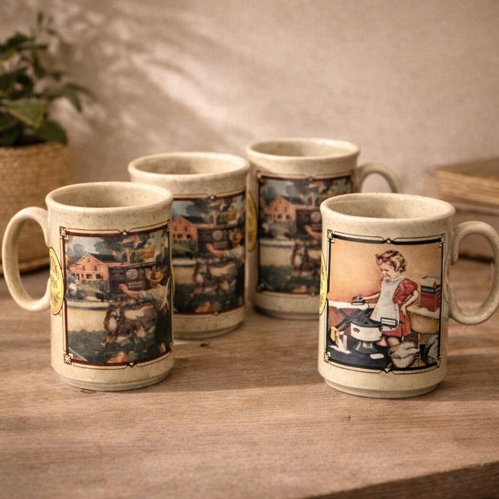Watkins Almanac 1916 Calendar 1939 Vintage Norman Rockwell Ceramic Mugs Set of 4